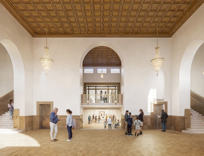 An architect's vision of a renovated entrance hall at the Cambridge University Library