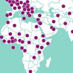 A map of the world with dots to show the global impact of Cambridge research