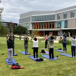 Staff doing yoga outside the University of Cambridge 