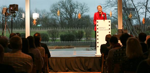 Emma Rampton giving a speech at the staff awards event Emma Rampton