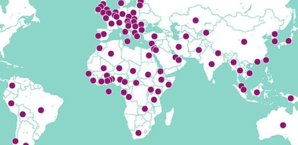 A map of the world with dots to show the global impact of Cambridge research