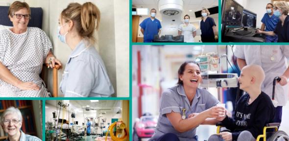 A collage of images of cancer patients, researchers and nurses