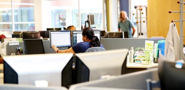 A woman is sat at a desk with her back to the camera, looking at a computer screen in an office.