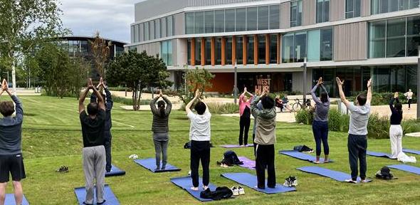 Staff doing yoga outside the university Staff doing yoga outside the University of Cambridge