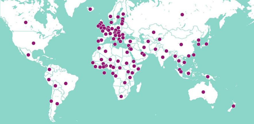 A map of the world with dots to show the global impact of Cambridge research