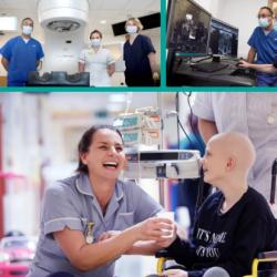 A collage of images of cancer patients, researchers and nurses